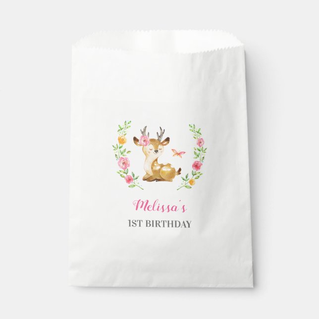 Sachets En Papier Woodland Deer Baby Girl 1er anniversaire fête Trai (Devant)