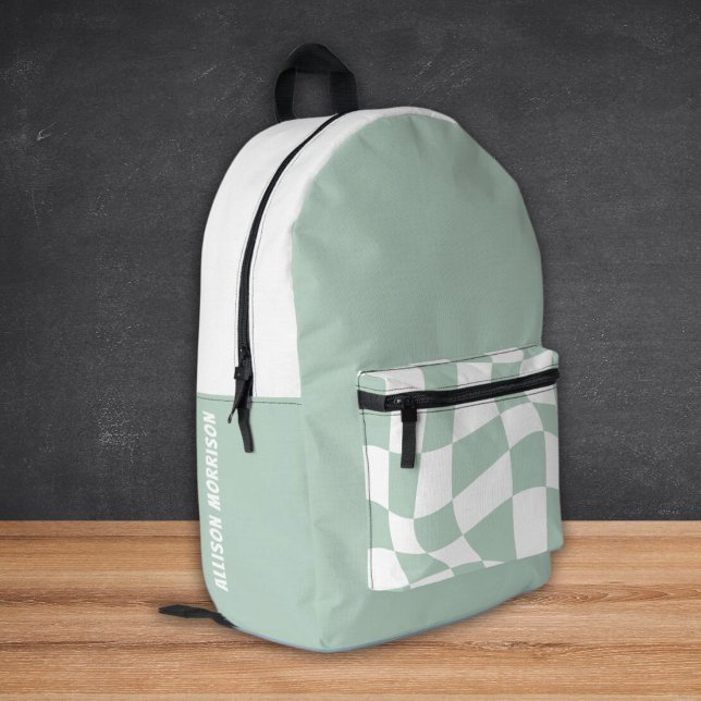 Sacs à dos d'école de nom personnalisé - À damiers (Custom Name School Backpacks - Sage Green)
