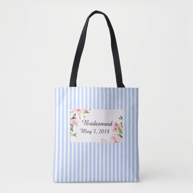 Sacs à rayures blanches bleu Bridesmaid avec date  (Devant)