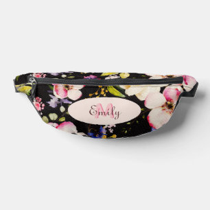 Sacs Banane Aquarelle rose Roses jaunes sur noir, Monogramme