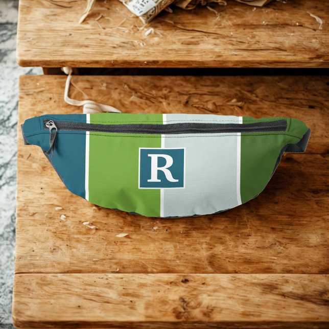 Sacs Banane Bandes modernes en bleu et vert avec Monogrammes (fanny pack with monogram)
