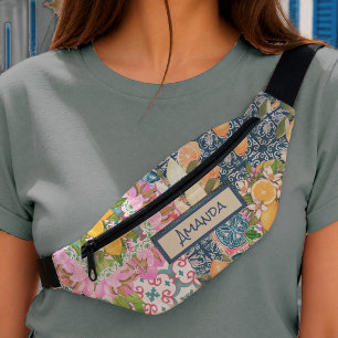 Sacs Banane Carreaux floraux de citrons siciliens bleus roses