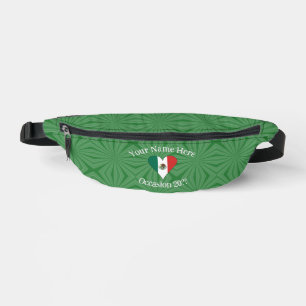 Sacs Banane Cœur de drapeau mexicain Fond vert Texte personnel