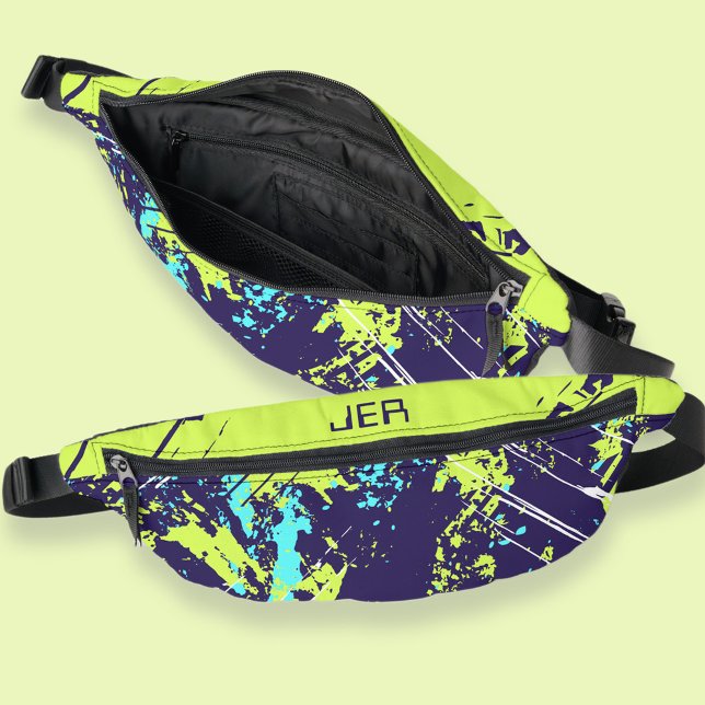 Sacs Banane Cool bleu monogramme de peinture de grunge rétro (Retro Grunge Paint Splash Monogrammed Blue Cool Fanny Pack)