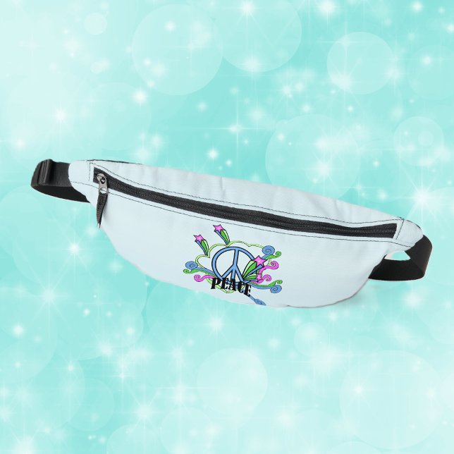 Sacs Banane Cool Bleu signe Paix Starr Scrolls sur Bleu clair (Cool abstract peace sign with colourful scrolls and pink stars on light blue fanny pack.)