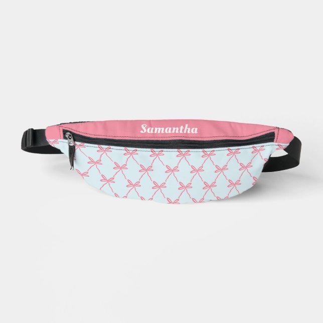 Sacs Banane Coquette Bow rose Motif sur Blue Custom Name (Recto)