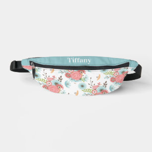 Sacs Banane Corail élégant et motif floral bleu personnalisé