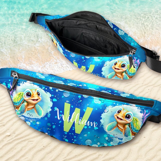 Sacs Banane Cute Happy Turtle Boy Ocean Blue Nom (Cute Happy Turtle Boy Ocean Blue Name Fanny Pack)