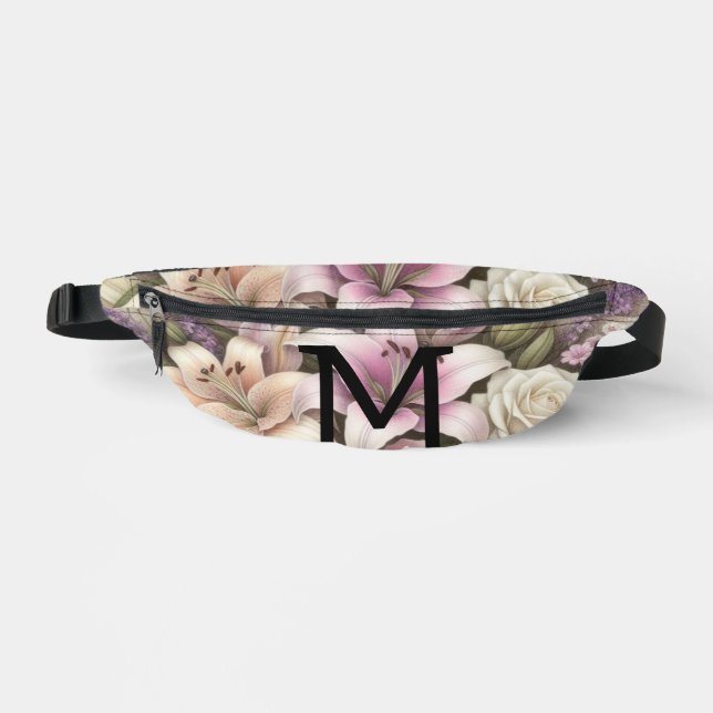 Sacs Banane Dentelle monogramme florale roses violettes lis la (Recto)