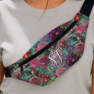 Sacs Banane Élégant bleu aqua floral monogramme à bandoulière