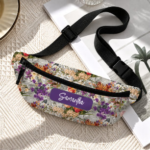Sacs Banane Élégant motif floral gris violet monogrammé sling