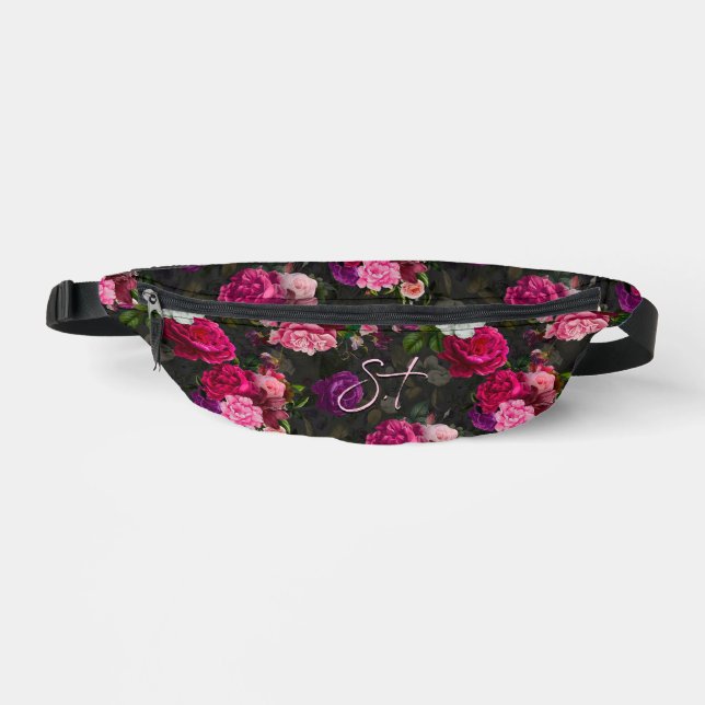 Sacs Banane Élégant rose fleurs noir monogramme (Recto)