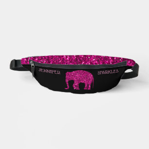 Sacs Banane Éléphant rose pailleté chaud Nom personnalisé noir