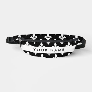 Sacs Banane Fleur de Lis, Blanc sur Noir, Blanc, Votre Nom