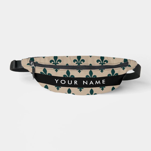 Sacs Banane Fleur de Lis, Vert sur Beige, Royal, Votre Nom (Recto)
