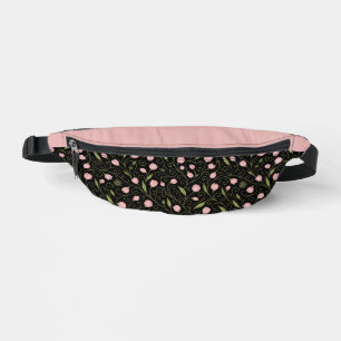 Sacs Banane Fleur mignonne, rose sur noir avec motif répétitif