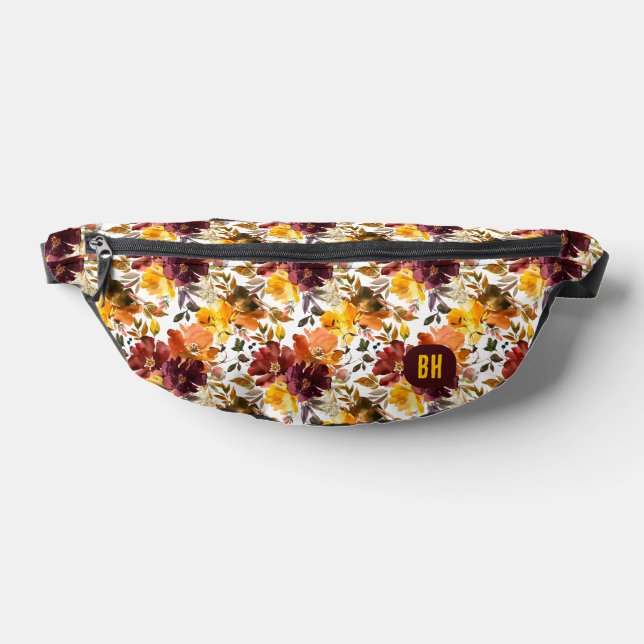 Sacs Banane Fleurs d'automne élégantes Floral Boho Monogramme (Poser)