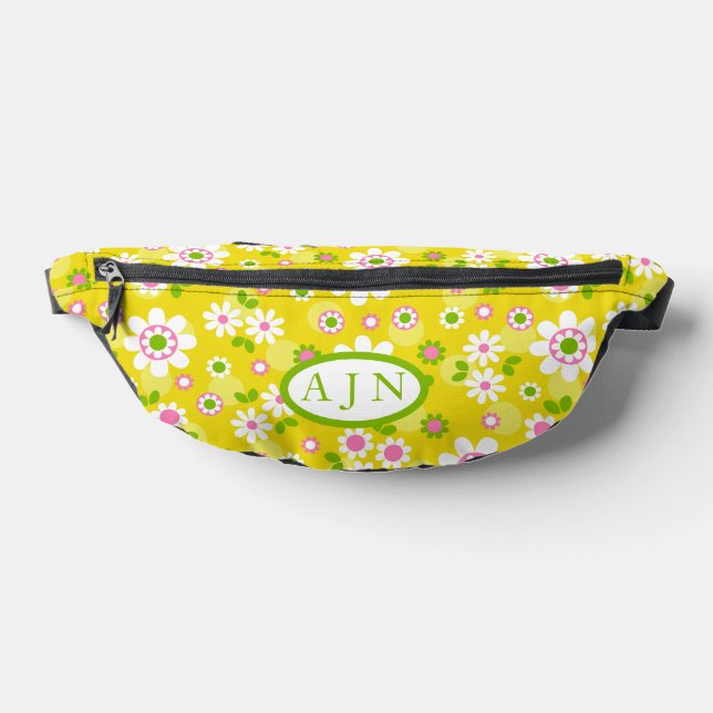 Sacs Banane Fleurs rétro mod jaunes et blanc monogramme  (Poser)