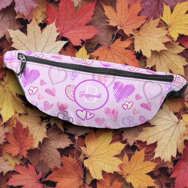 Sacs Banane Heart Pattern on Pastel Purple Initial Monogram (template name & monogram initial fanny pack front)