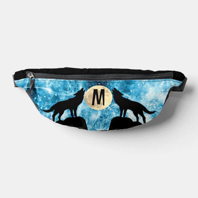 Sacs Banane Loup hurlant Pleine lune bleu noir Monogramme pers (Poser)