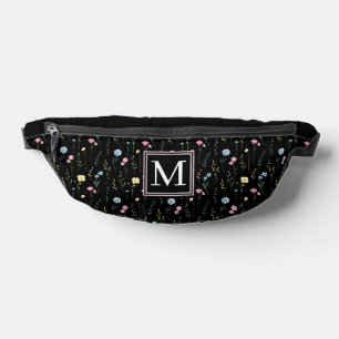 Sacs Banane Monogramme Botanique Floral Noir et Rose Élégant