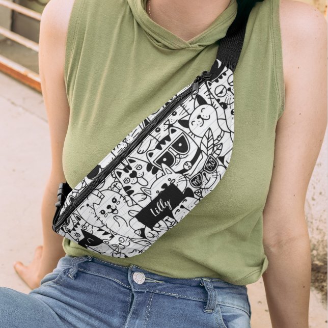 Sacs Banane Monogramme de dessin de chat noir mignon (Créateur téléchargé)