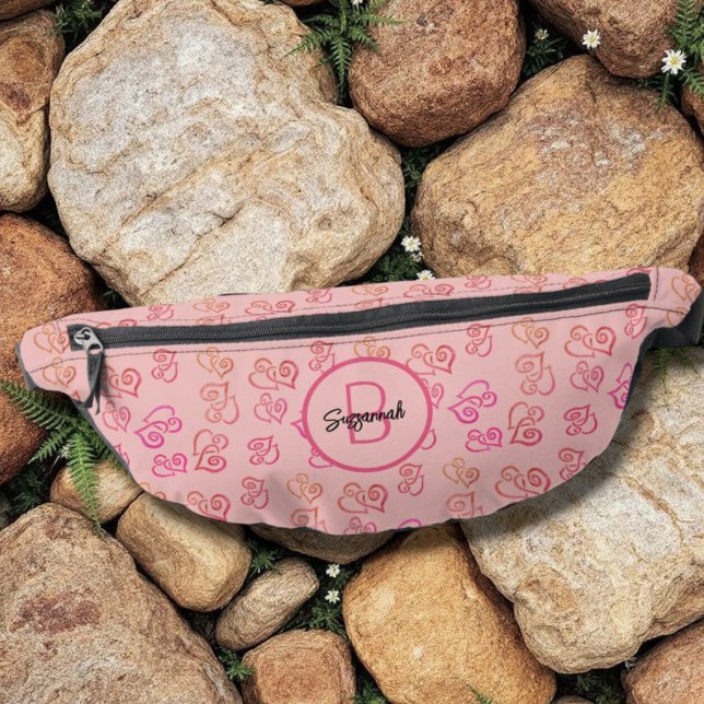 Sacs Banane Monogramme Initiale Motif de Cœur Relié Orange Ros (template name & monogram initial fanny pack front view)