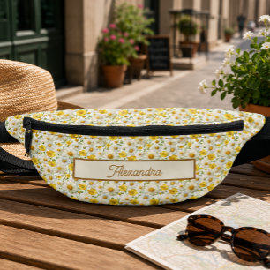 Sacs Banane Motif de fleurs sauvages jaunes Monogramme Nom