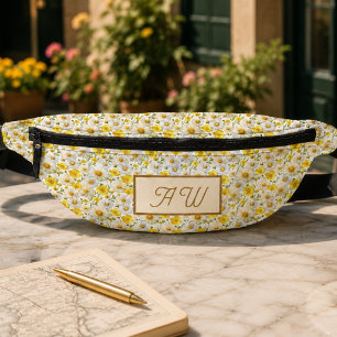 Sacs Banane Motif de fleurs sauvages jaunes Monogramme Nom