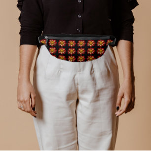 Sacs Banane Motif floral dahlia rouge et blanc sur noir