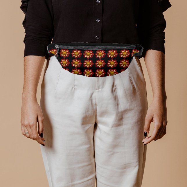 Sacs Banane Motif floral dahlia rouge et blanc sur noir (In Situ)