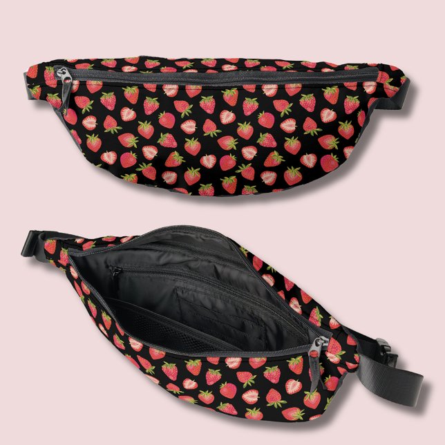 Sacs Banane Motif fraise rouge noir (Strawberry pattern fanny pack on black background.  Other bag styles available.)