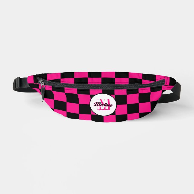 Sacs Banane Motif géométrique rétro à carreaux rose chaud noir (Recto)