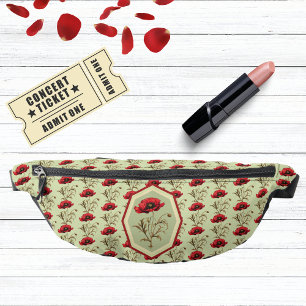 Sacs Banane Motif Pavot Coquelicot Vert Sauge avec Médaillon F