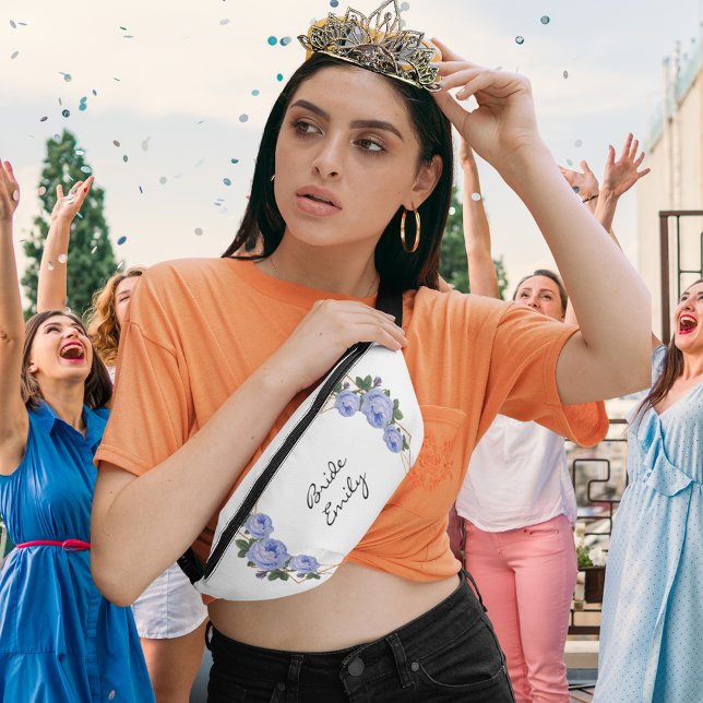 Sacs Banane Nom de la mariée Blue Floral Elegant Gold Parties  (Bride Name Blue Floral Elegant Gold Glitter Geo  Fanny Pack Cover)