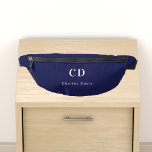Sacs Banane Nom des initiales du monogramme blanc bleu marine<br><div class="desc">Arrière - plan bleu marine,  texte blanc. Personnalisez et ajoutez vos initiales monographiques et votre nom complet.</div>