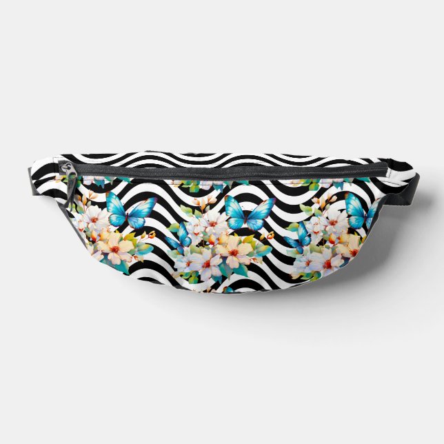 Sacs Banane Papillons Fleurs Noir & Blanc Grandes Vagues (Poser)