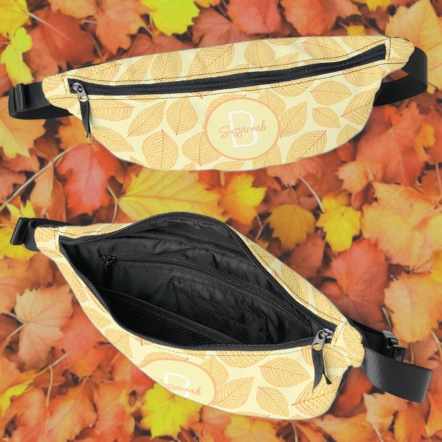 Sacs Banane Squelette feuille Motif avec Monogramme initial (fanny pack front, top and inside with template monogram and name)