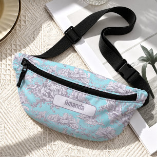 Sacs Banane Vintage floral toile de Jouy bleu aqua monogramme