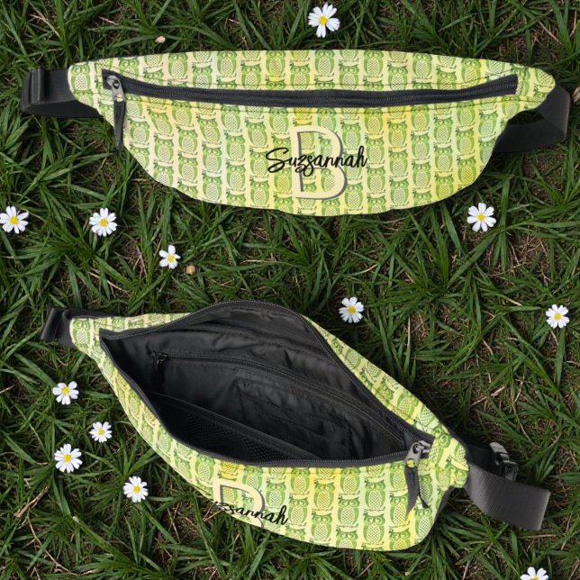 Sacs Banane Watercolor Owl Pattern with Initial Monogram (Owl pattern designed fFanny pack view inside, top and front)
