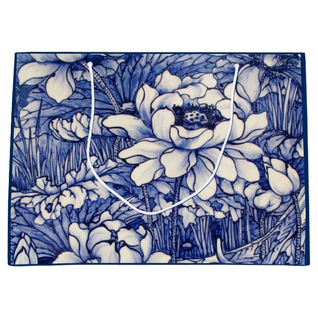 SACS CADEAUX IMPRIMÉ FLEURS JAPONAISES BLEU (Devant)