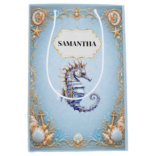 Sacs cadeaux thème plage bleu hippocampe (Devant)