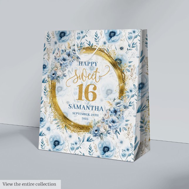 Sacs de Parties scintillant en Sweet sixteen bleu  (Personalized Dusty Blue Sweet Sixteen Glitter Bags)