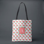 Sacs d'été Monogramme Motif de pastèque<br><div class="desc">Sacs fourre-tout d'été monogrammés tout-en-un avec motif de pastèque,  imprimé sur arrière - plan blanc,  et texte personnalisé,  où vous pouvez ajouter votre initiale. Le sac fourre-tout est fait de polyester et mesure 16 pouces par 16 pouces et la sangle mesure 28 pouces.</div>
