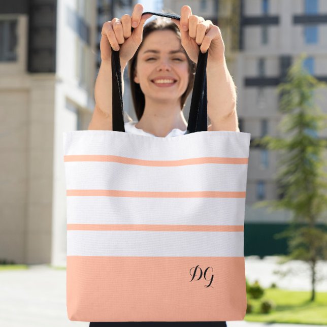 Sacs élégants féminins rayés Monogramme  (Elegant Modern Bold Stripes Monogram Trendy Peach Tote Bag)