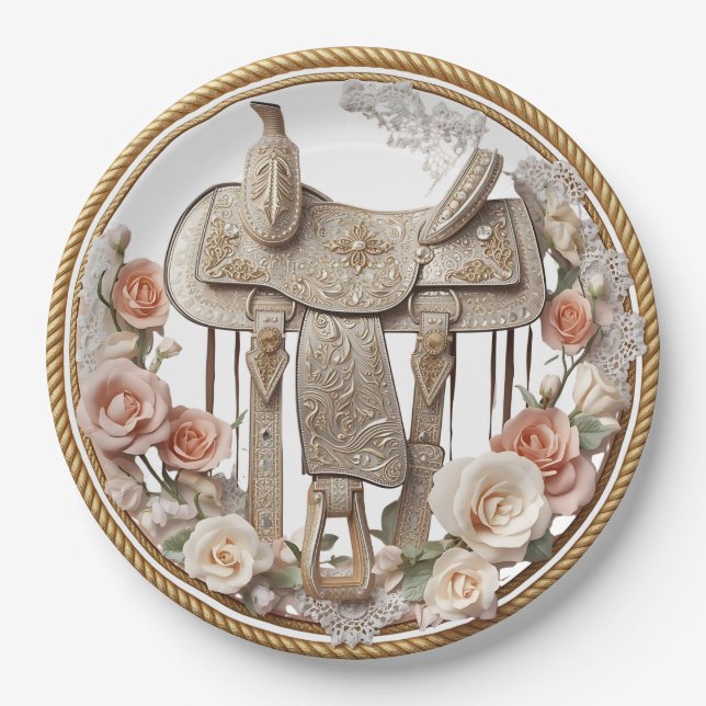 Saddle & Sparkle – Assiettes en papier pour mariag (Devant)
