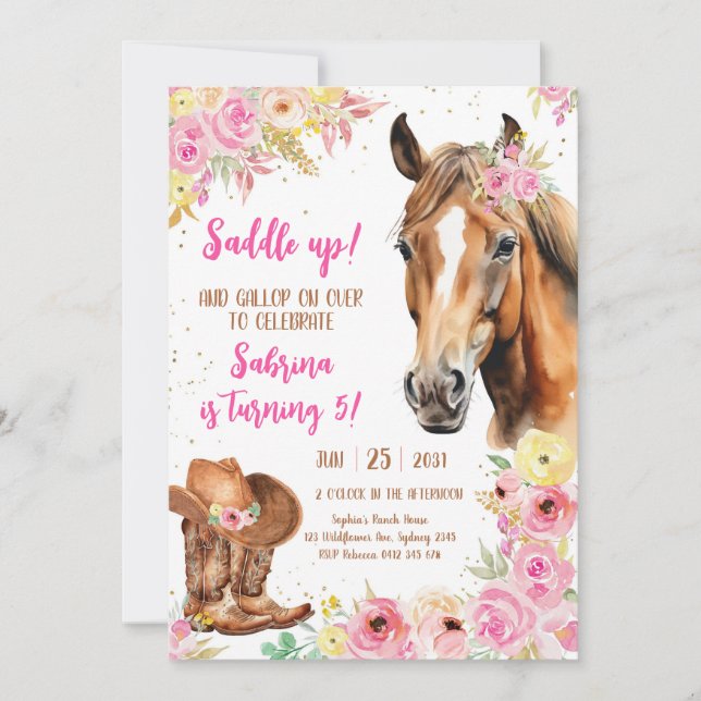 Saddle Up Horse Cowgirl Birthday Invitation (Devant)