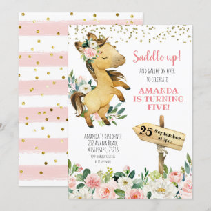 Saddup Girl Floral Horse Anniversaire Invitation