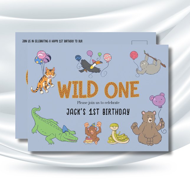Safari 1er anniversaire Invitations Wild One Anima (Wild One 1st Birthday Jungle Safari animals invitation in blue.)