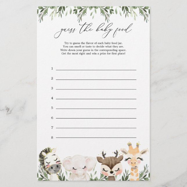 Safari Animal Baby shower Devinez The Baby Food Ga (Devant)